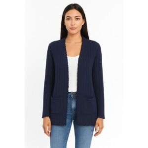 Cabi | Duchess Blue Navy Speckled Confetti Open Fringed Hem Cardigan Pockets S